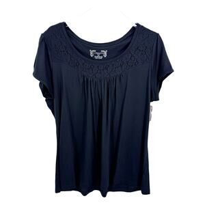 Hillard & Hanson blouse women's 2X modal lace overlay scoop neck black boho NEW